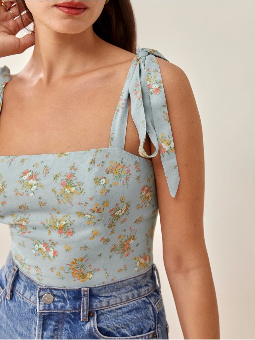 Reformation Light Blue Floral Tie-Shoulder Square Neck Crop Top